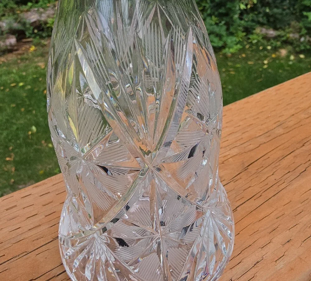 Vintage Bohemian Cut Crystal Wine Decanter with Ground Stopper Pinwheel Starburs